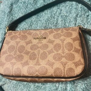 Coach Brown Signature Pattern Shoulder Bag with Black Strap